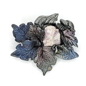 Handmade Goth Leaf Stone Polymer Clay Brooch Black Purple Dimensional 2" X 1.75"